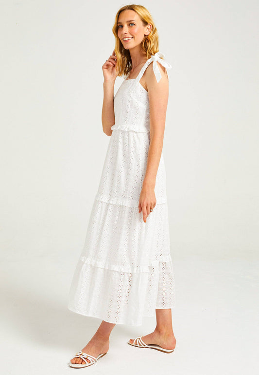 ANGELEYE - Strappy Tie White Maxi Broderie Tiered Dress: White / M