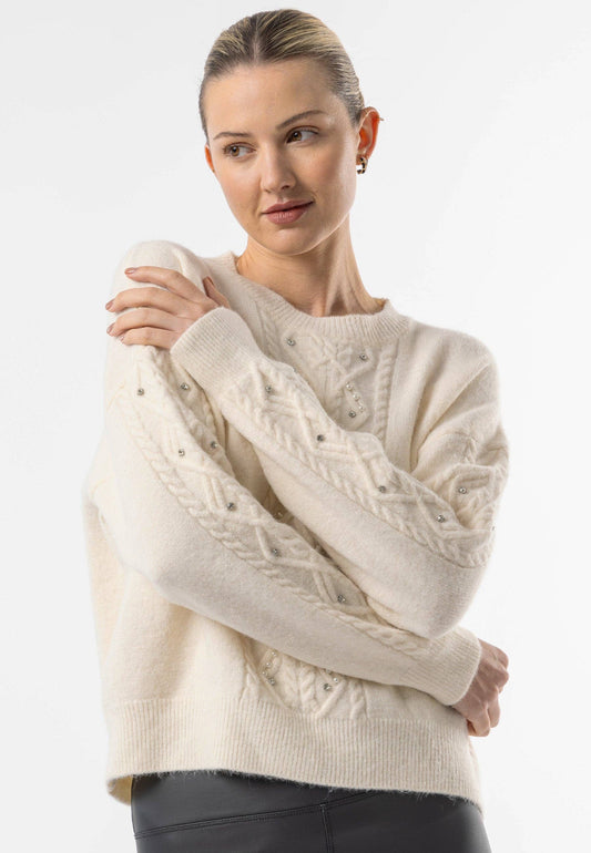 ANGELEYE - Cable Knit Gem Detail White Jumper: White / One Size