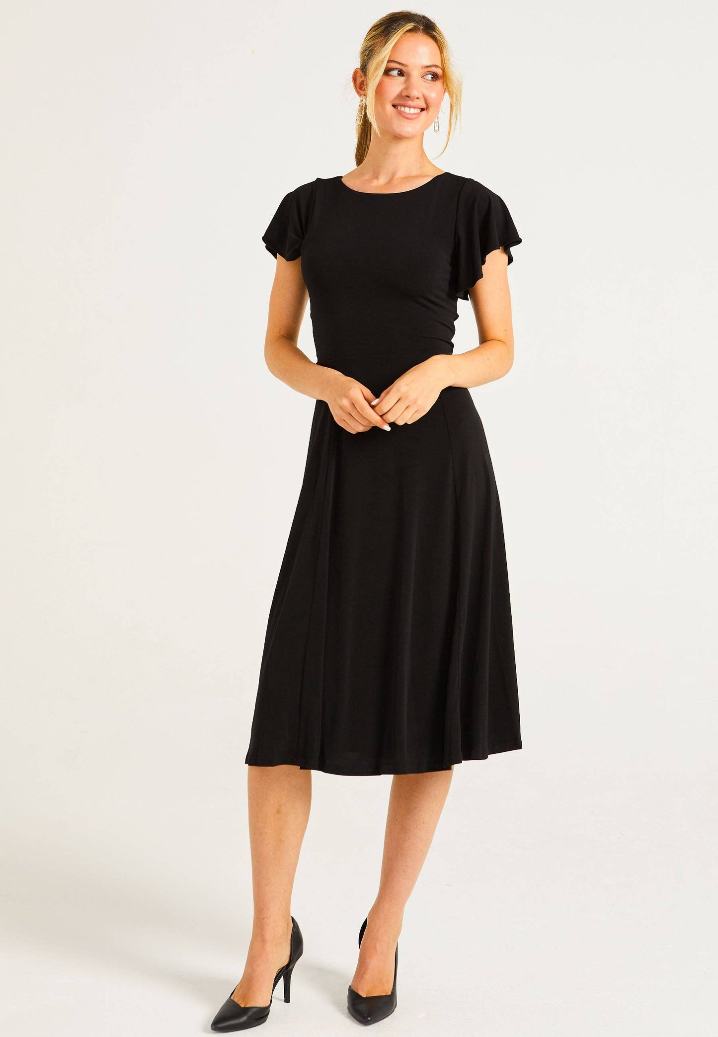 ANGELEYE - Reversible Midi Dress With Flutter Sleeves & Waist Tie In Black: M