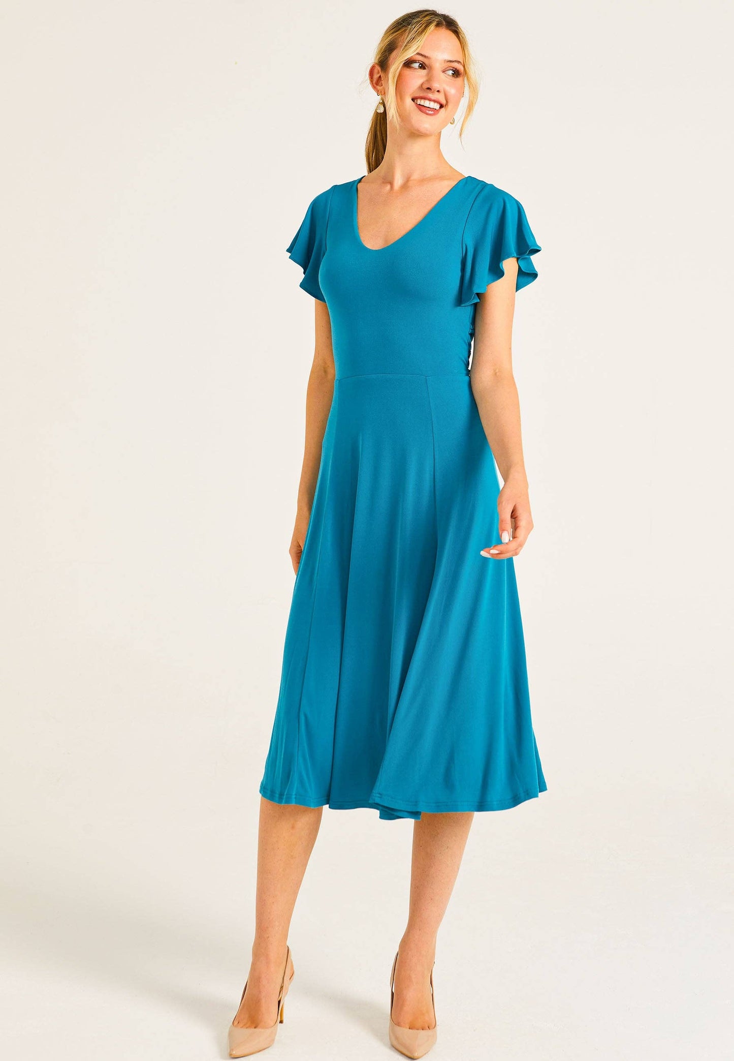 ANGELEYE - Reversible Midi Dress With Flutter Sleeves & Waist Tie In Teal: L