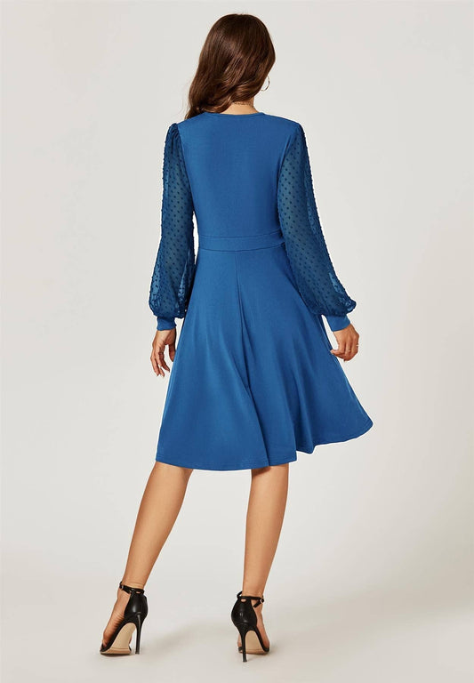 FS Collection - Long Chiffon Sleeve Pleated Midi Dress In Blue: Blue / XL