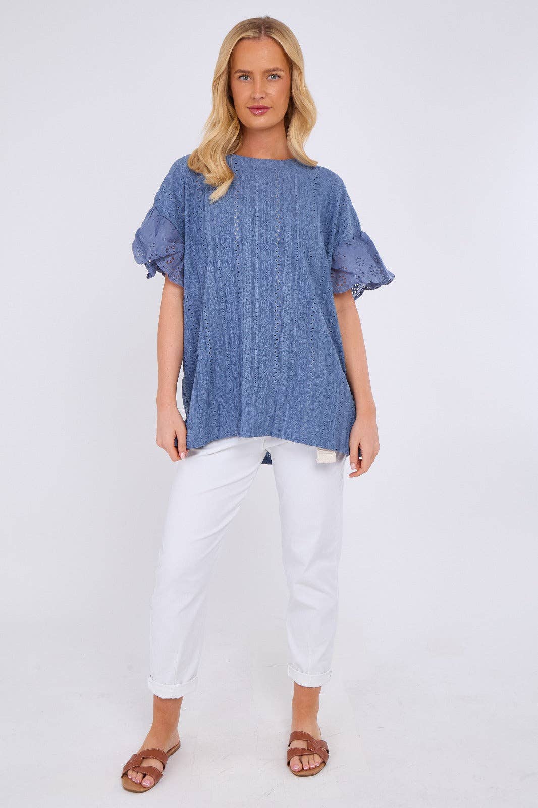 Crochet Embroidered Frill Sleeve Stretchable Top: Beige / One Size To Fit UK 12 to 18