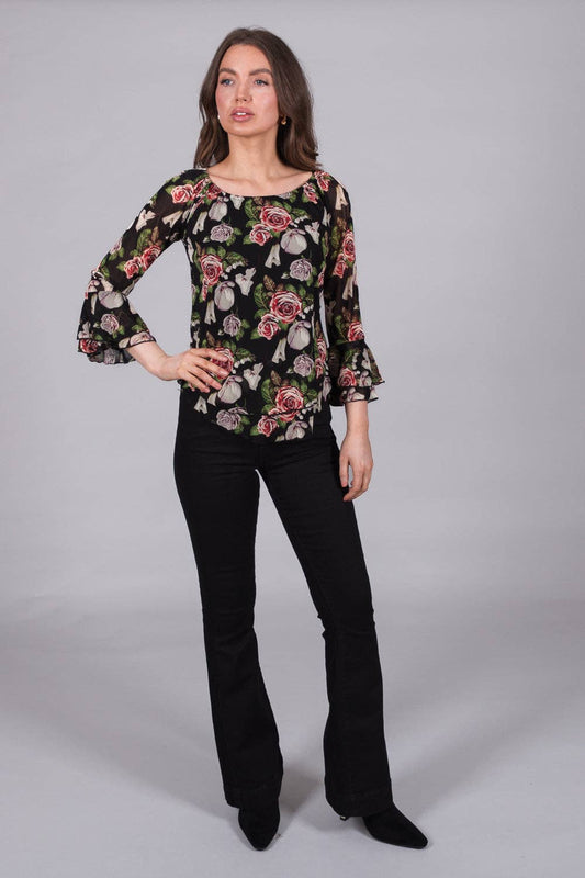 SOLO - Floral Chiffon Top with Ruffle Sleeves: 12
