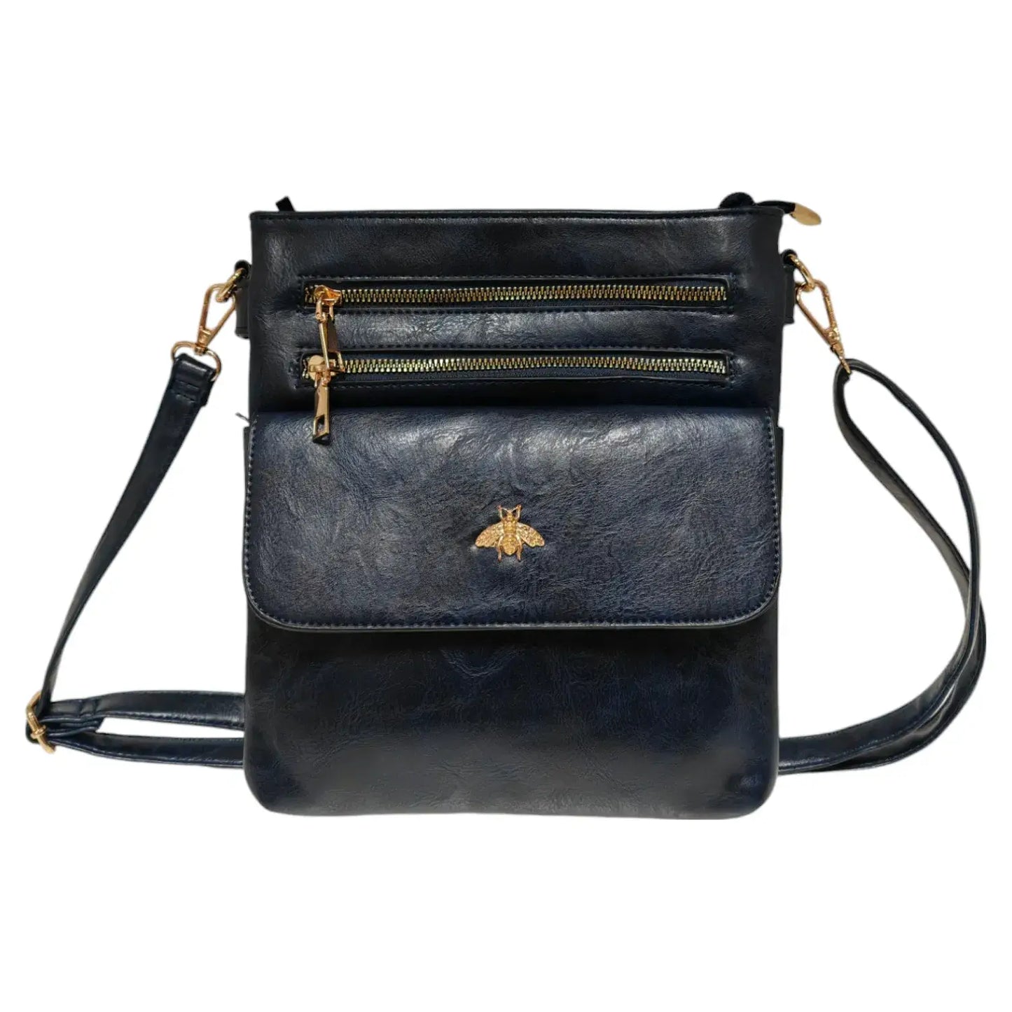 Double Zipper Multi Pocket Bee Details Cross BodyBag-9133: Brown