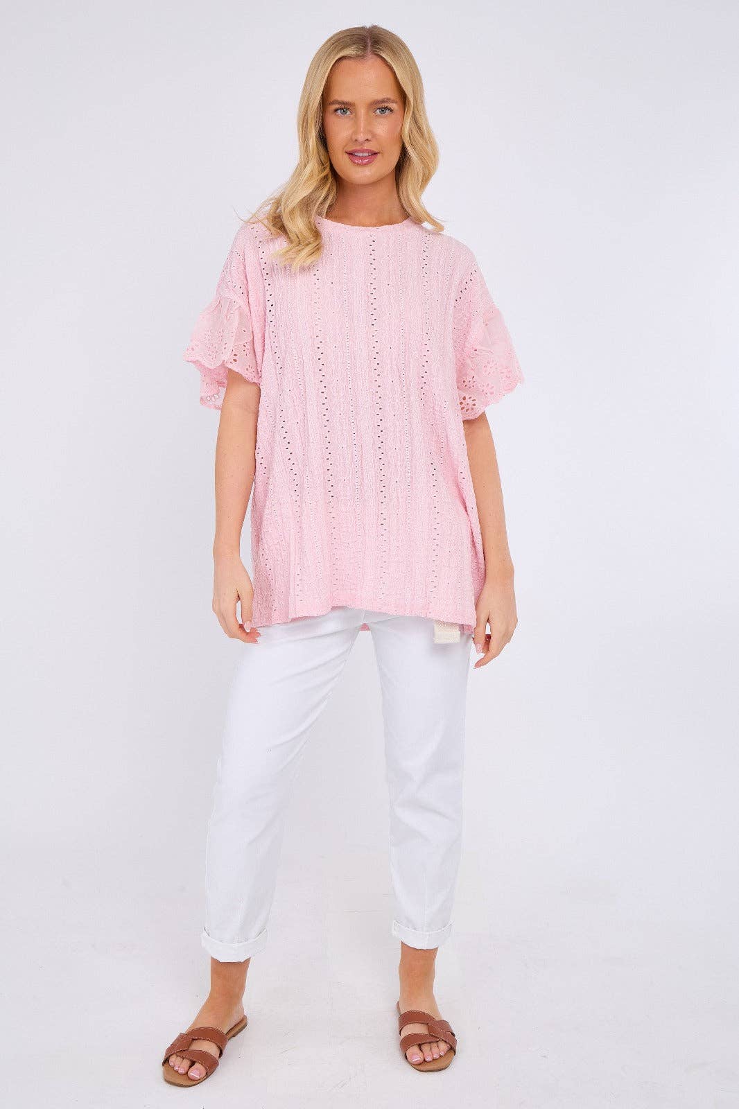 Crochet Embroidered Frill Sleeve Stretchable Top: Beige / One Size To Fit UK 12 to 18