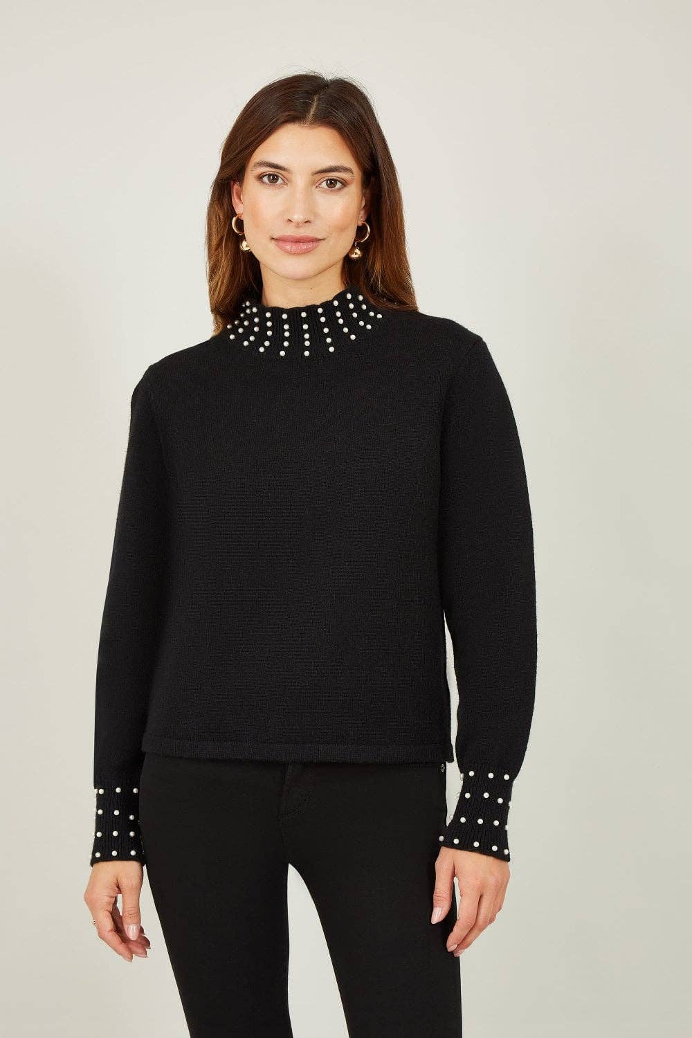 Yumi - Mela Black Pearl Detail High Neck Jumper: Black / L
