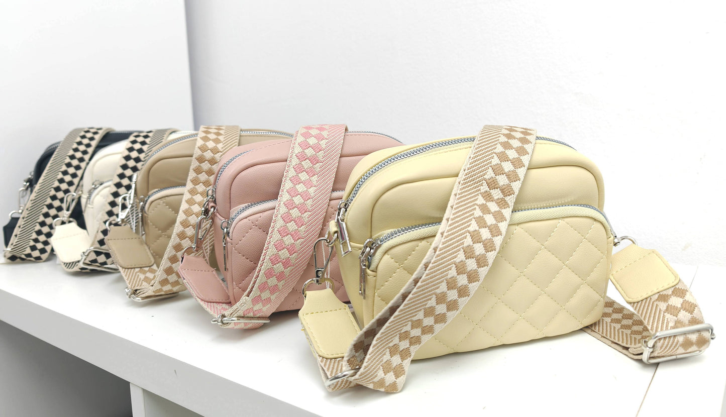 Superbia - Small Double Zipper Quilted Cross Body Shoulder Canvas Strap: Beige