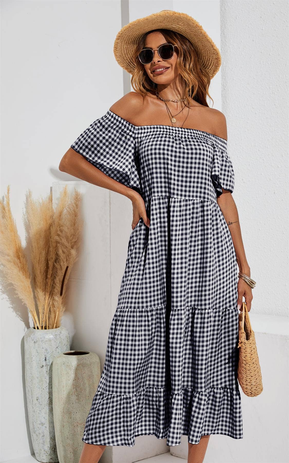 FS Collection - Relaxed Off Shoulder Bardot Frill Midi Dress In Black: 10-12