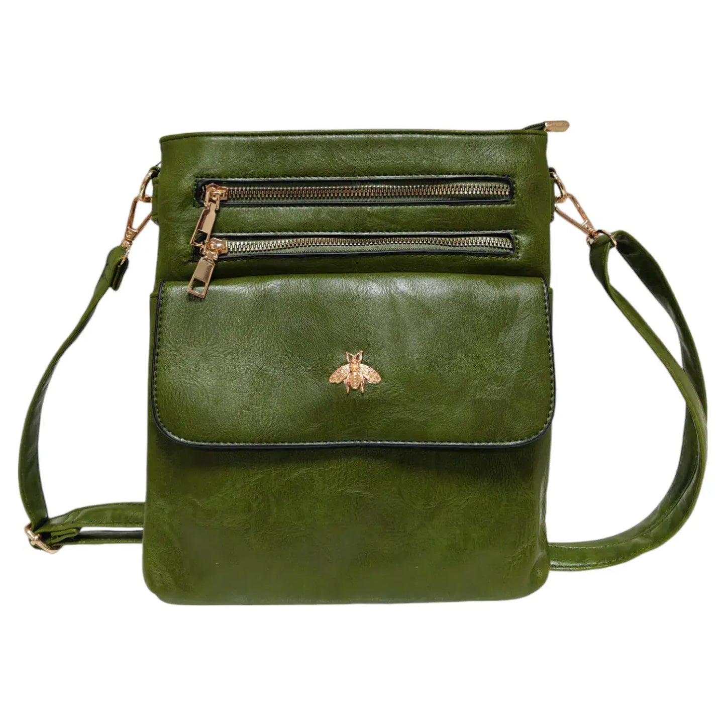 Double Zipper Multi Pocket Bee Details Cross BodyBag-9133: Brown