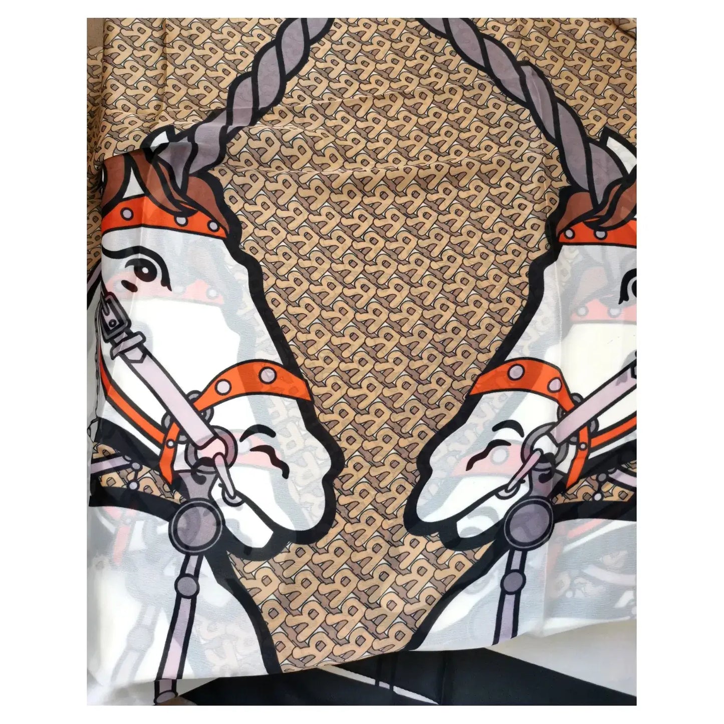 Superbia - Horse Print Silk Feel Long Scarf Shawl Wrap-180010: Orange