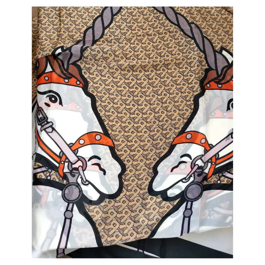 Superbia - Horse Print Silk Feel Long Scarf Shawl Wrap-180010: Orange