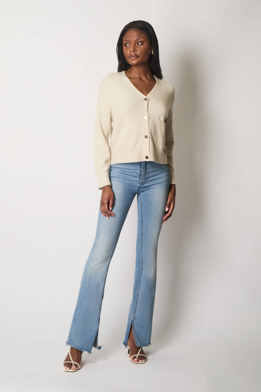 SOLO - V-Neck Buttoned Cardigan with Pockets - Stone: 14