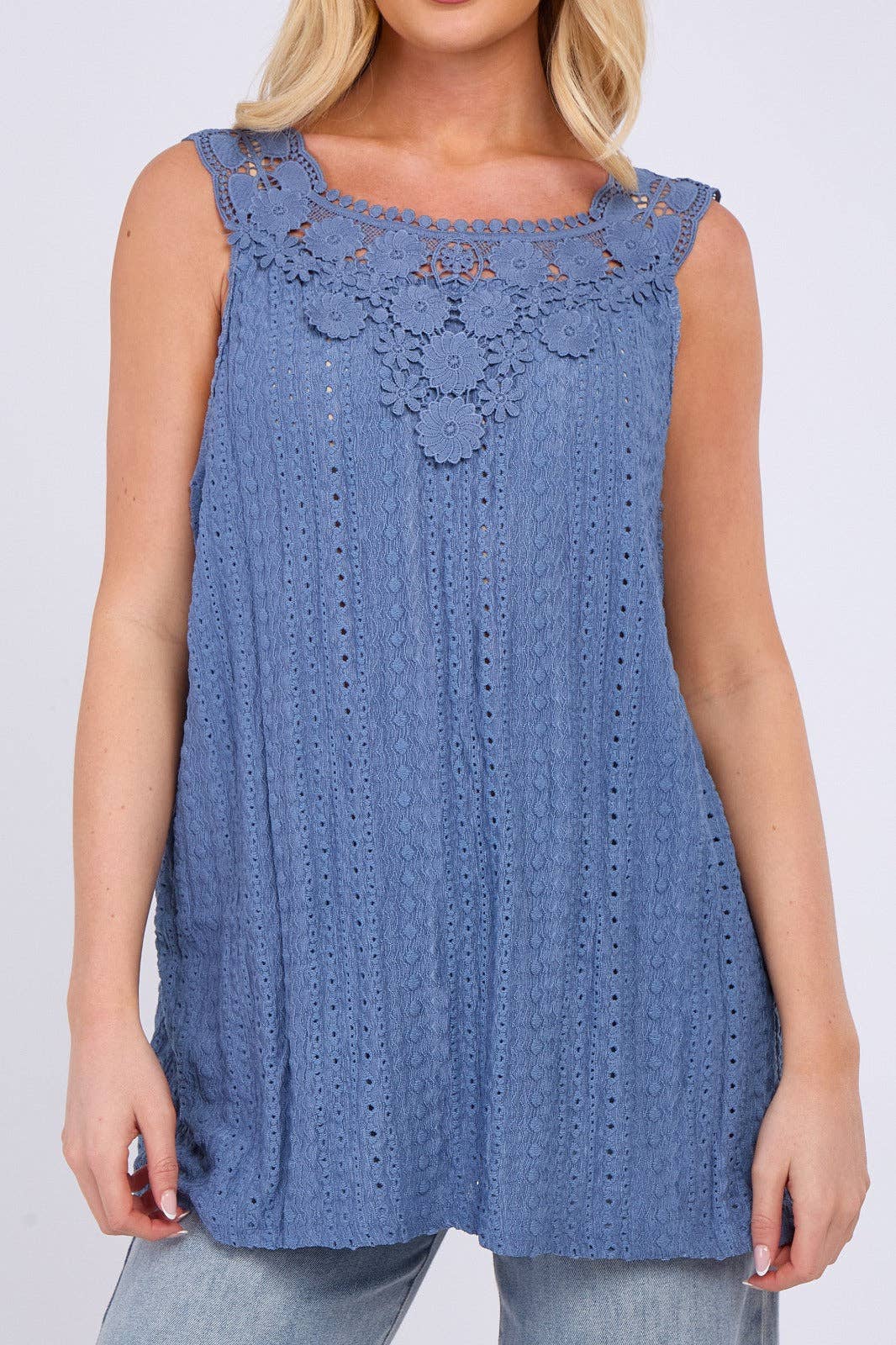 Embroidered Crochet Wide Lace Strap Vest Ladies Top: Sage / One Size To Fit UK 14 to 20