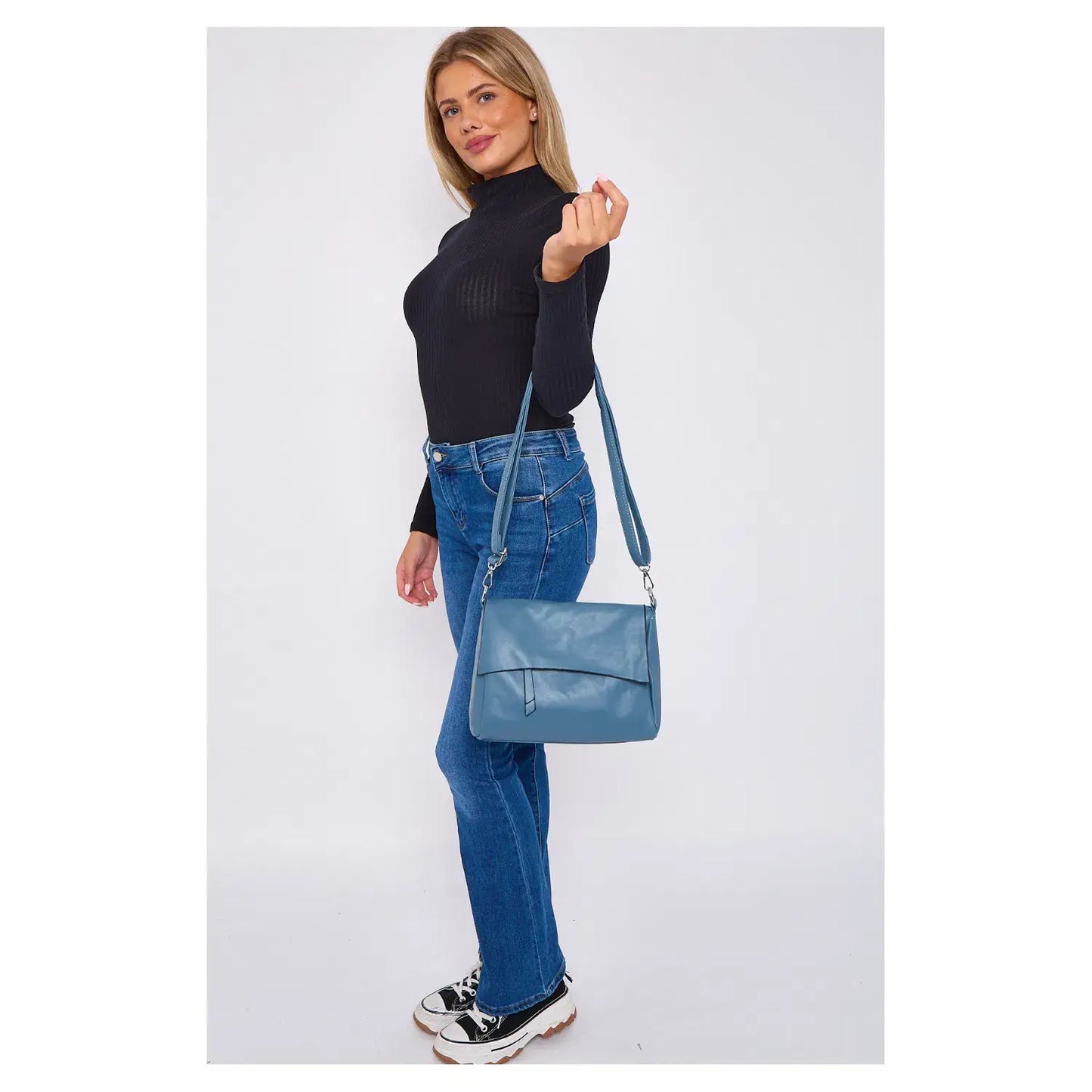 Superbia - Super Soft Silver-toned Flap Over Shoulder Bag Messenger Bag: Black