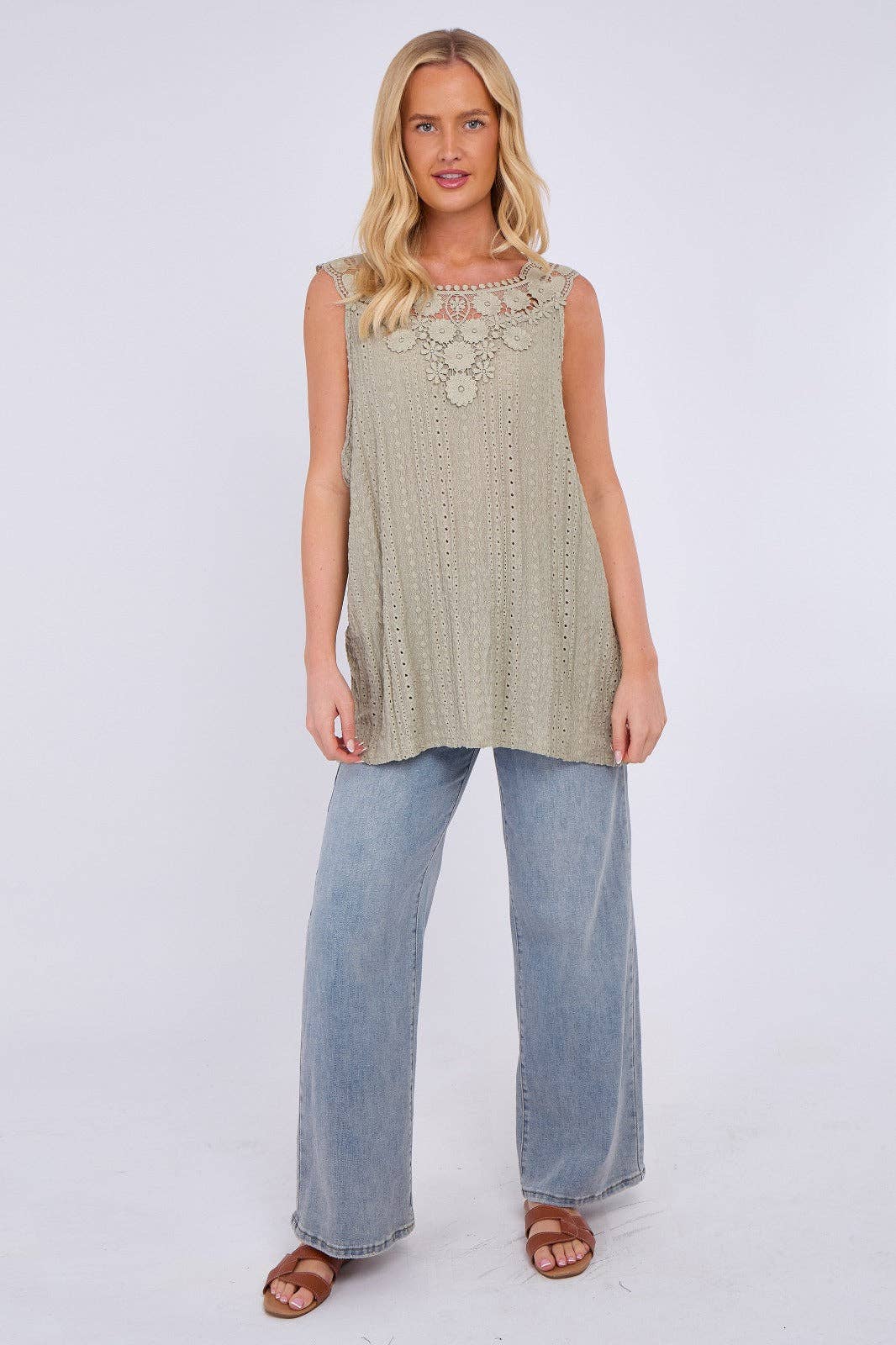 Embroidered Crochet Wide Lace Strap Vest Ladies Top: Sage / One Size To Fit UK 14 to 20