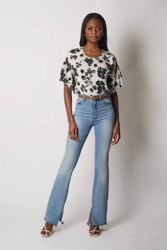 SOLO - Floral Print Top with Layered Sleeves - White: 12