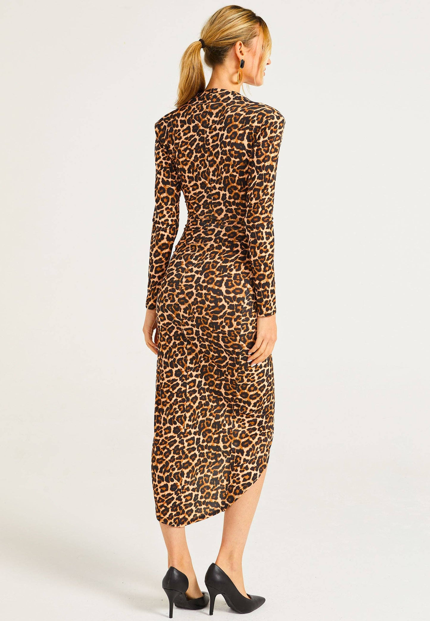 ANGELEYE - Plunge Neck Faux Wrap Print Midi Dress in Leopard: M