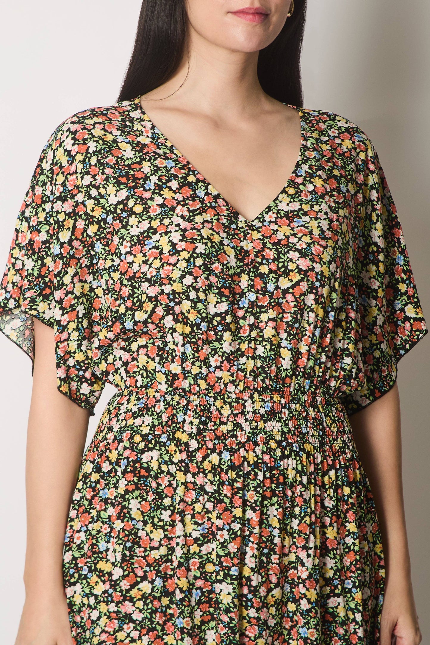 SOLO - Floral Print Midi Dress with Flutter Sleeves - Black: 10