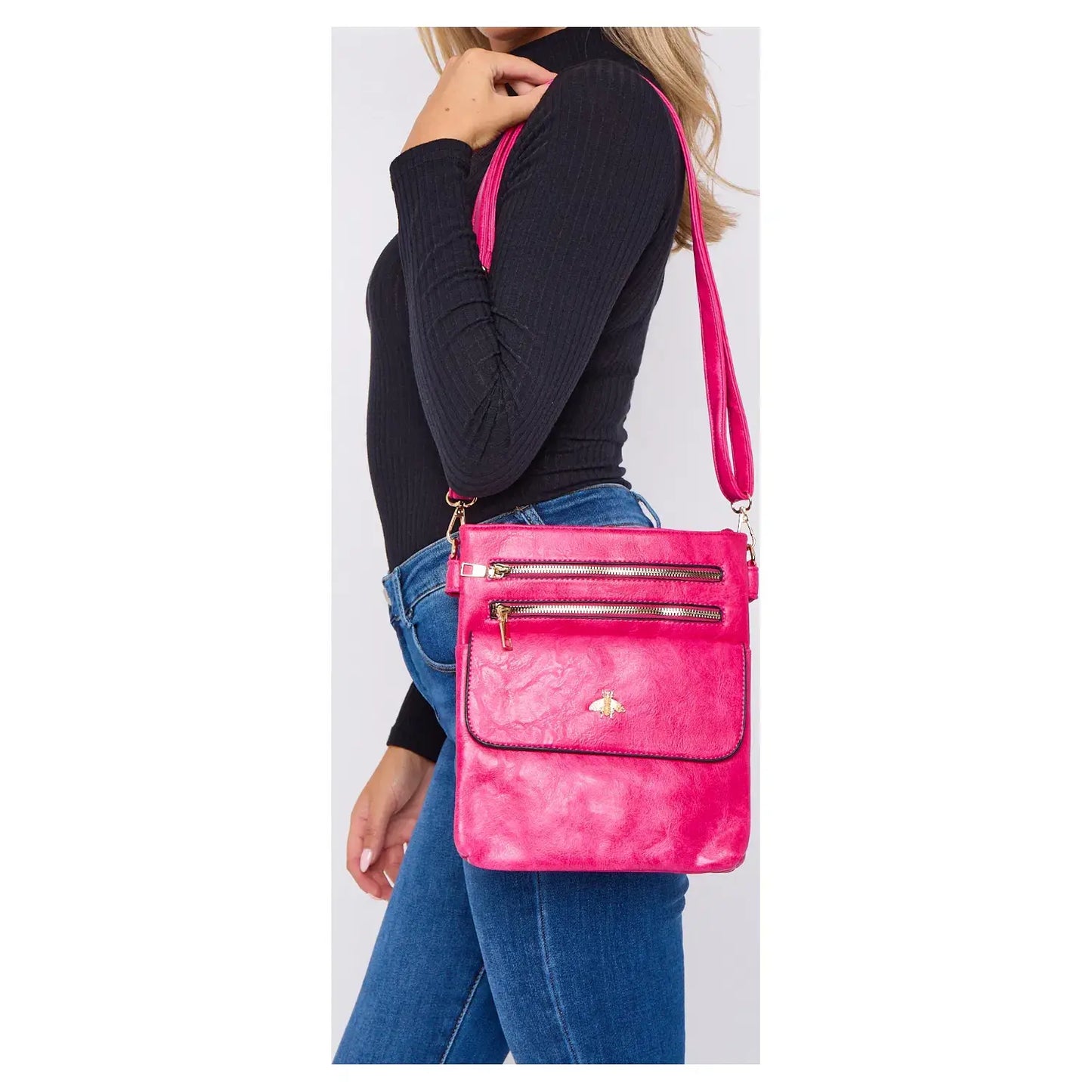 Double Zipper Multi Pocket Bee Details Cross BodyBag-9133: Blue