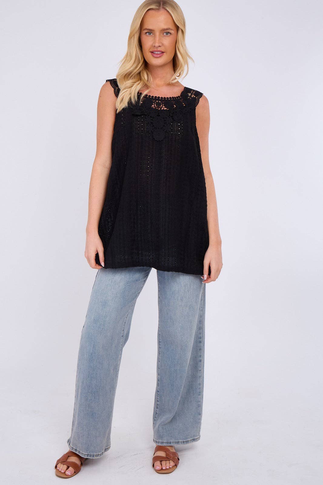 Embroidered Crochet Wide Lace Strap Vest Ladies Top: Sage / One Size To Fit UK 14 to 20