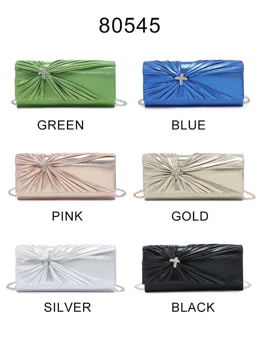 Diamante Pin On The Flap Over Cover Satin Clutch Bag: Black