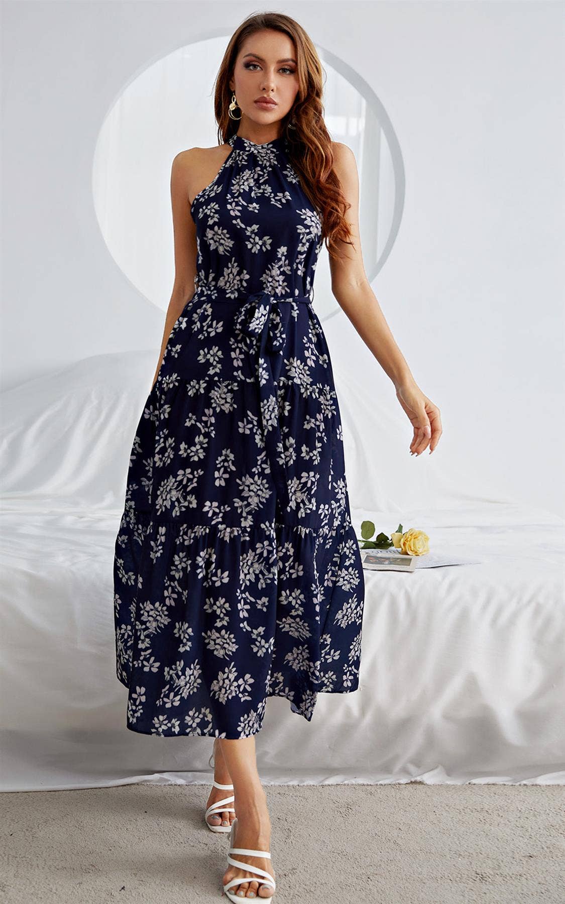 FS Collection - Halter Neck Midi Layer Dress In Nave & White Flora Print: L