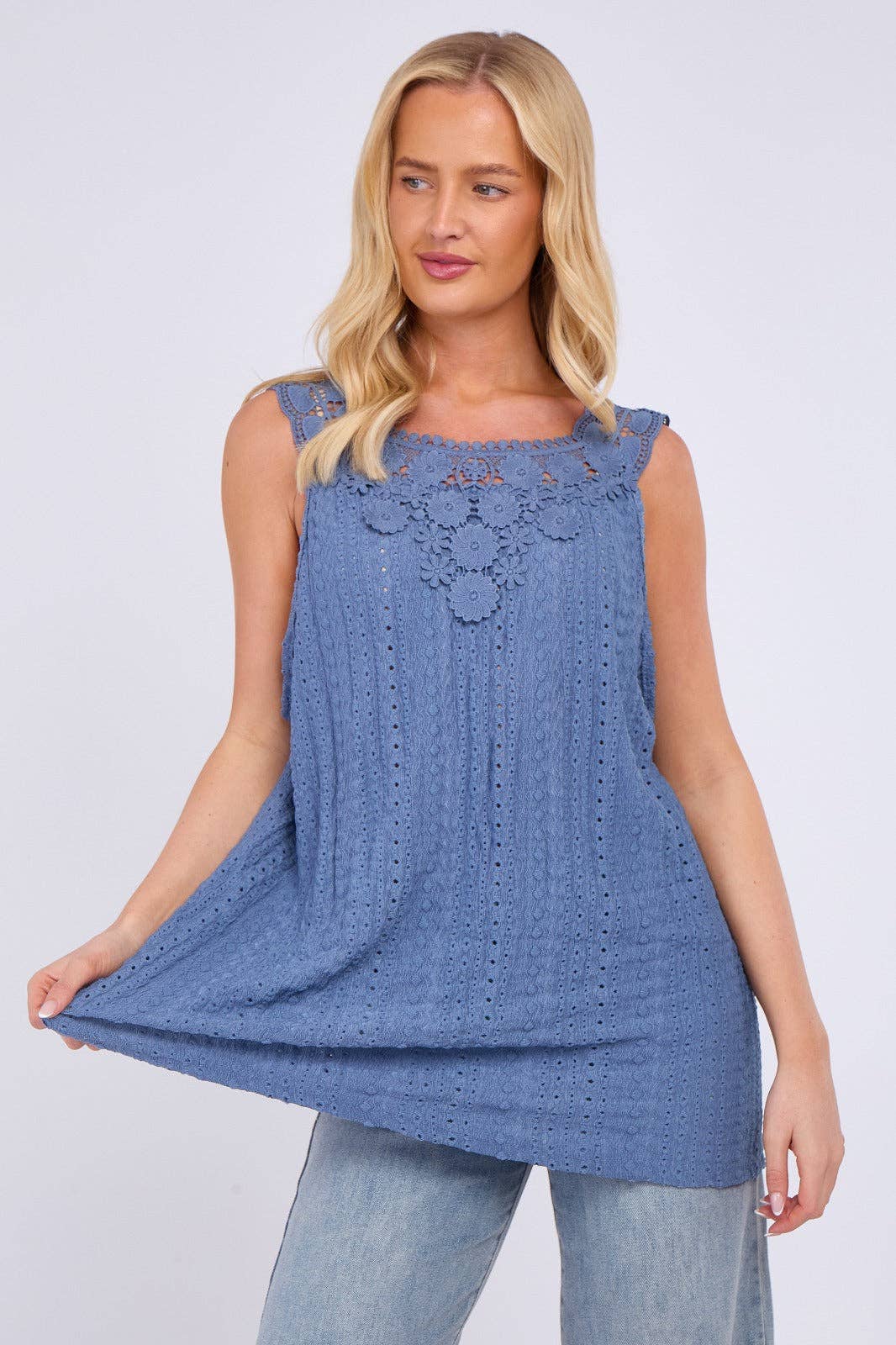 Embroidered Crochet Wide Lace Strap Vest Ladies Top: Sage / One Size To Fit UK 14 to 20