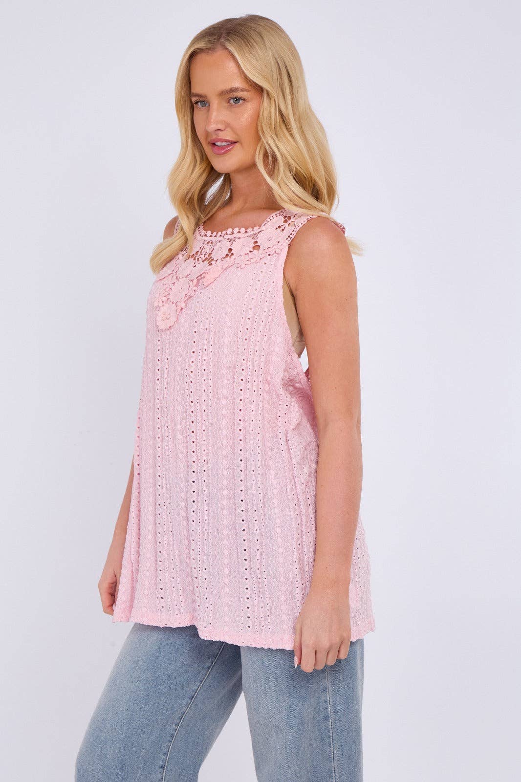 Embroidered Crochet Wide Lace Strap Vest Ladies Top: Sage / One Size To Fit UK 14 to 20