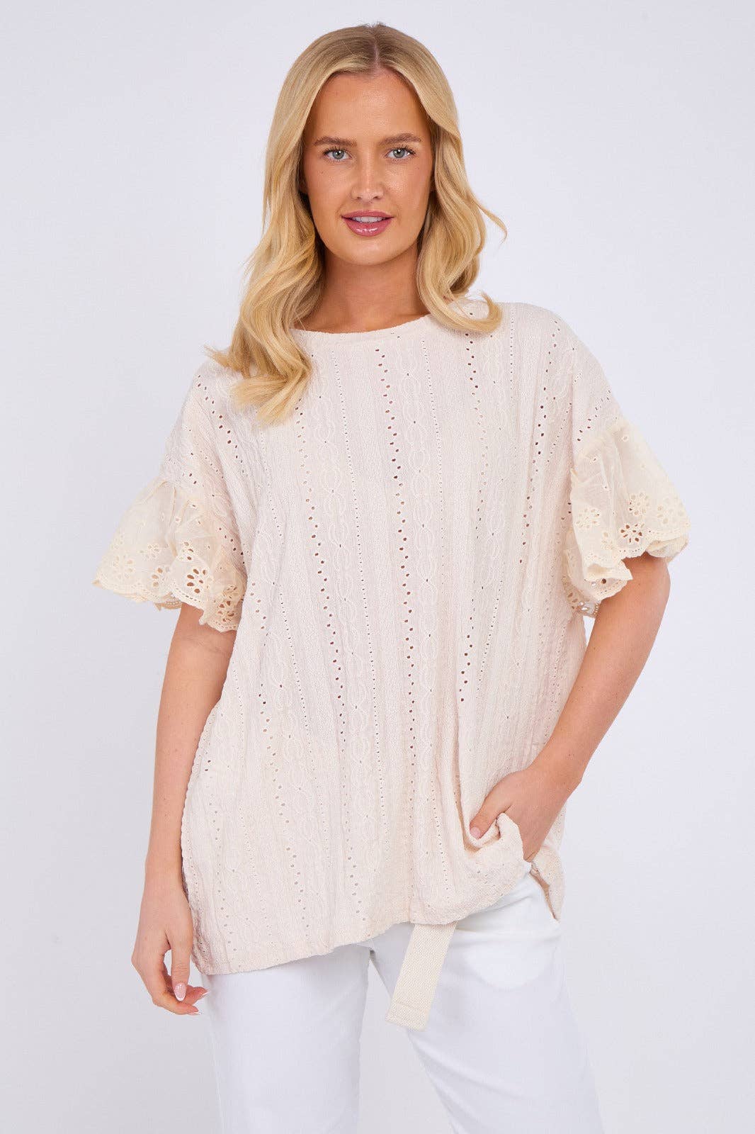 Crochet Embroidered Frill Sleeve Stretchable Top: Beige / One Size To Fit UK 12 to 18