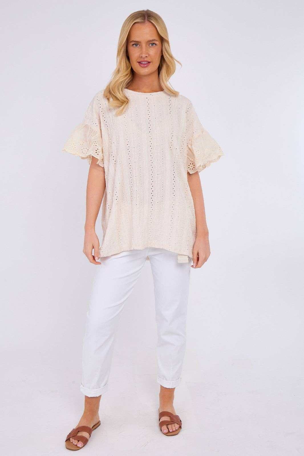 Crochet Embroidered Frill Sleeve Stretchable Top: Beige / One Size To Fit UK 12 to 18