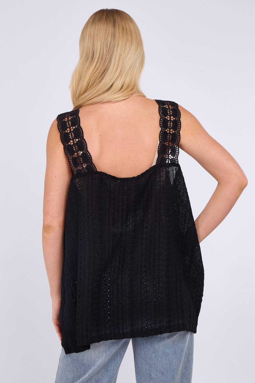 Embroidered Crochet Wide Lace Strap Vest Ladies Top: Sage / One Size To Fit UK 14 to 20