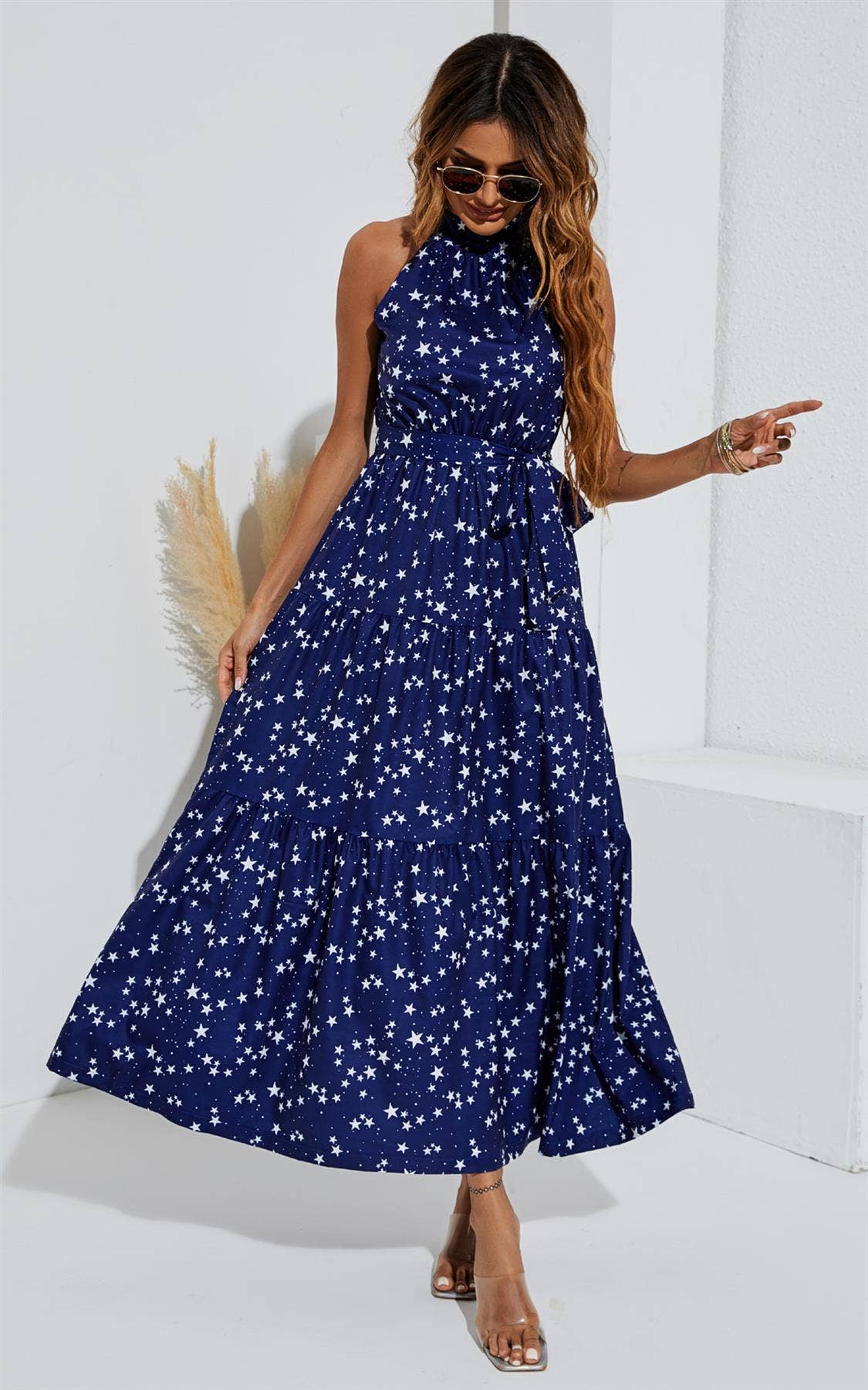 FS Collection - Night Sky Halter Neck Maxi Layer Dress In Navy & White Little Star: 12-14