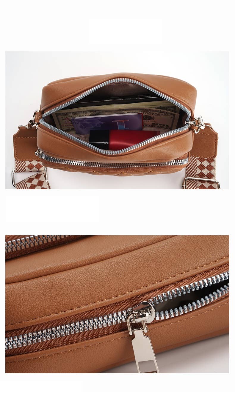 Superbia - Small Double Zipper Quilted Cross Body Shoulder Canvas Strap: Beige