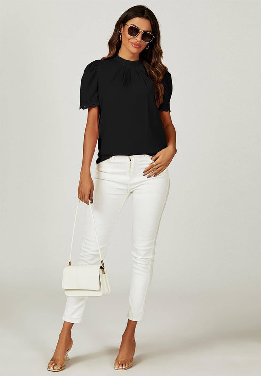 FS Collection - Lace Trim Detail Short Sleeve High Neck Blouse Top In Black: Black / S