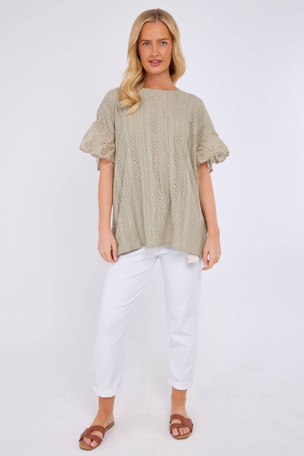 Crochet Embroidered Frill Sleeve Stretchable Top: Beige / One Size To Fit UK 12 to 18