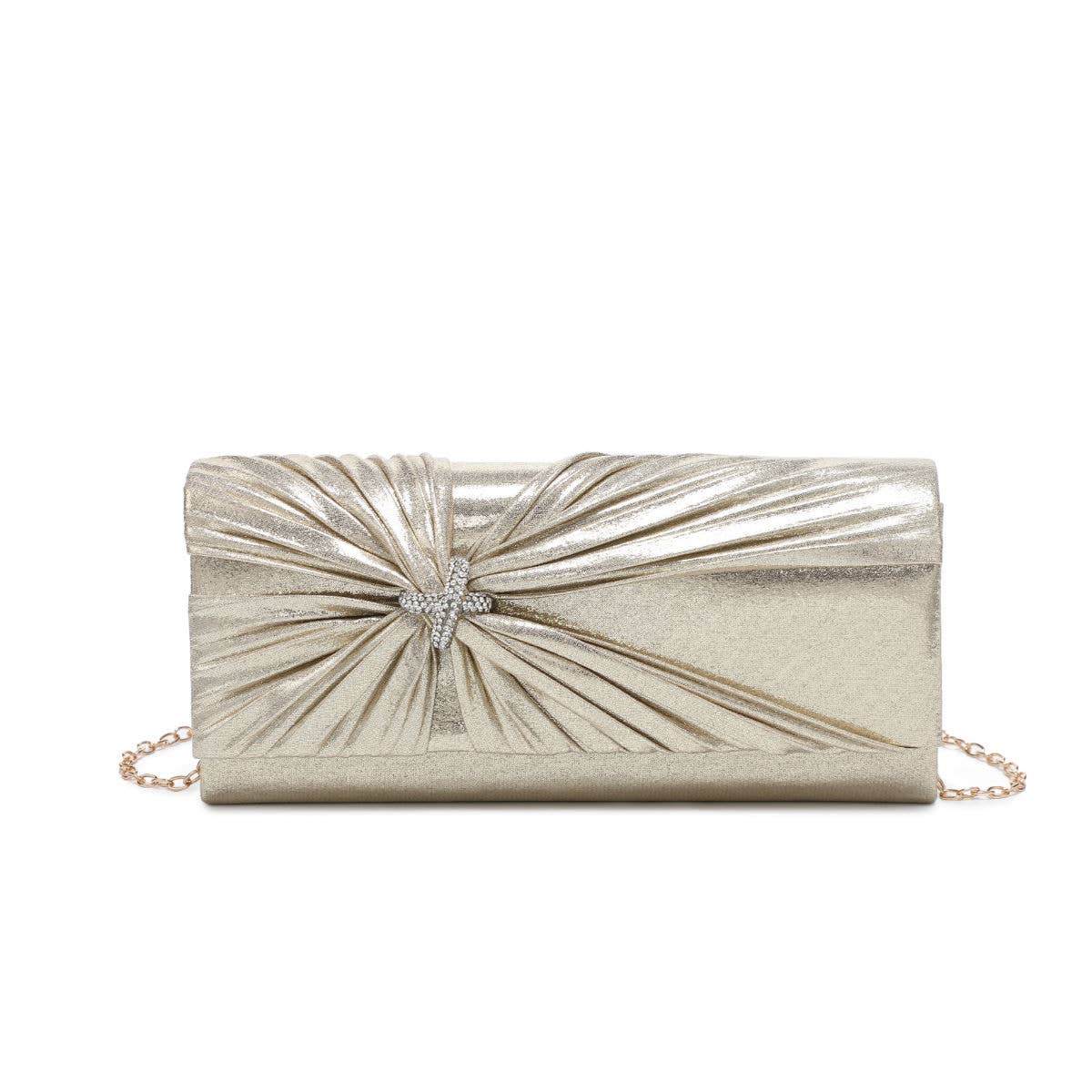 Diamante Pin On The Flap Over Cover Satin Clutch Bag: Gold