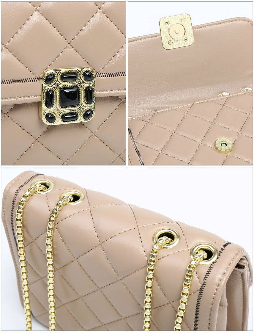 Crossbody bag with quilted pattern and beaded badge: Blue