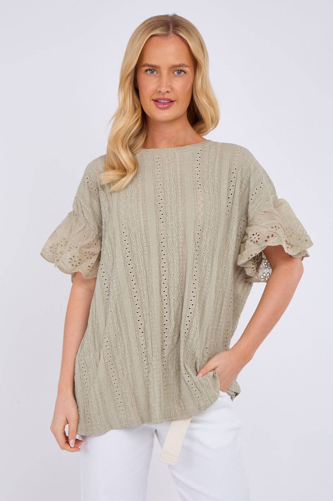 Crochet Embroidered Frill Sleeve Stretchable Top: Beige / One Size To Fit UK 12 to 18