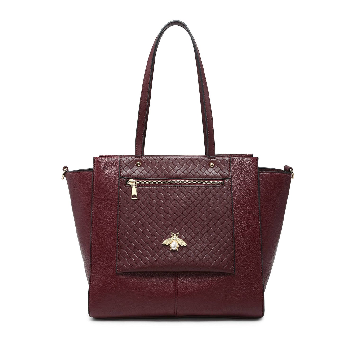 Bee Badge Zipped Pockets Top Zipped Tote Handbag: Brown