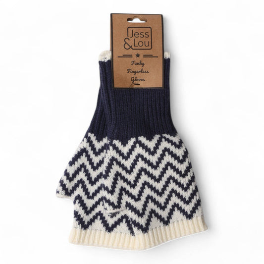 Jess & Lou - Blue Herringbone Fingerless Glove/Wrist Warmer GL101: Black