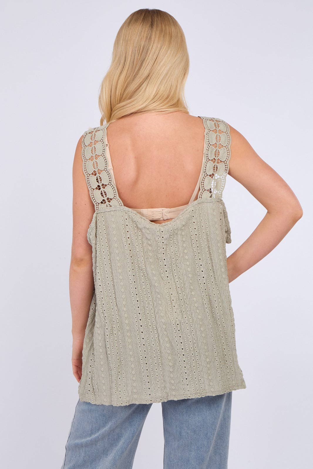 Embroidered Crochet Wide Lace Strap Vest Ladies Top: Sage / One Size To Fit UK 14 to 20