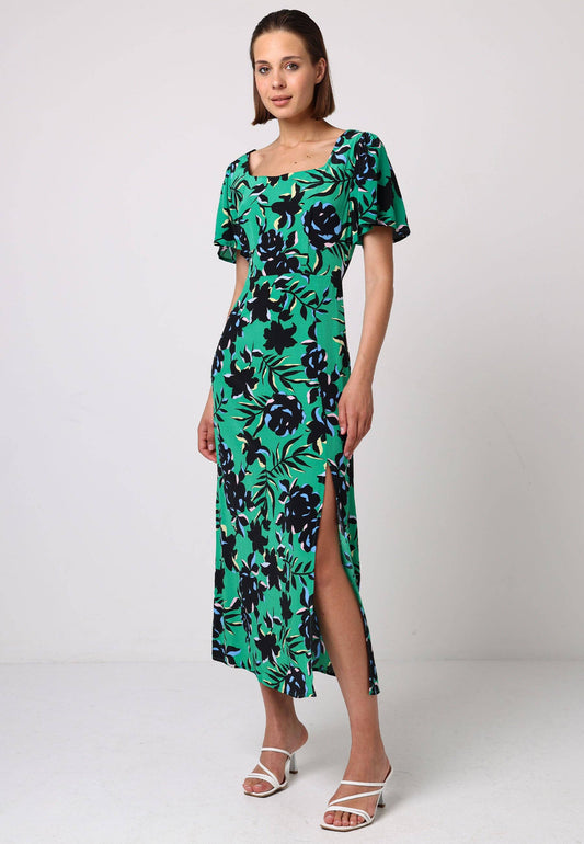 ANGELEYE - Angel Sleeves Green Midi Dress With Side Slit In Black Floral Print: M