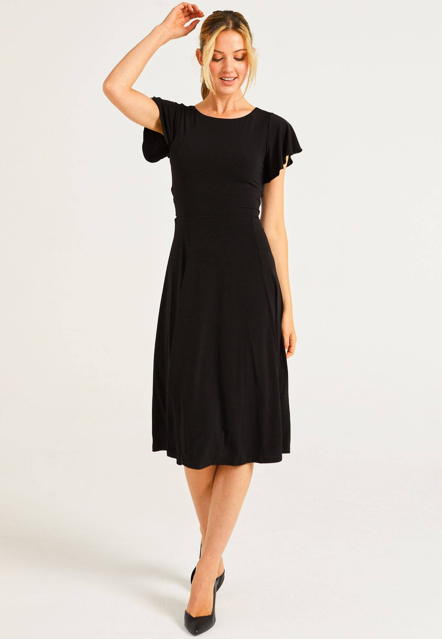 ANGELEYE - Reversible Midi Dress With Flutter Sleeves & Waist Tie In Black: M