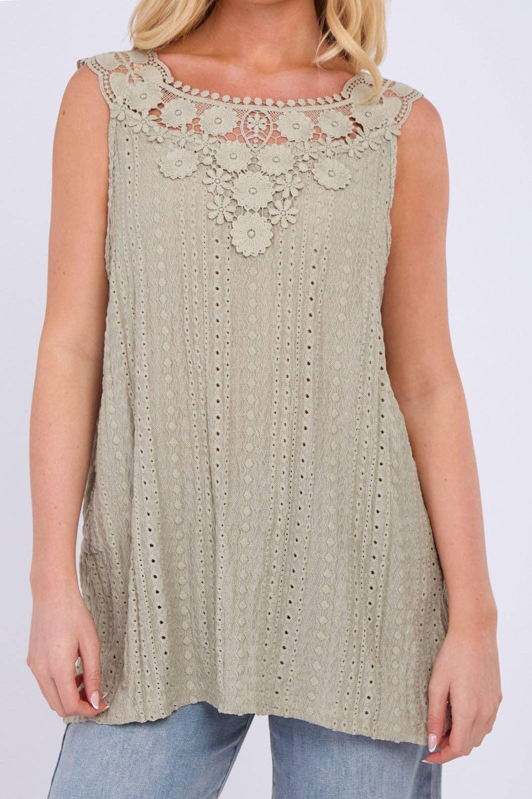 Embroidered Crochet Wide Lace Strap Vest Ladies Top: Sage / One Size To Fit UK 14 to 20
