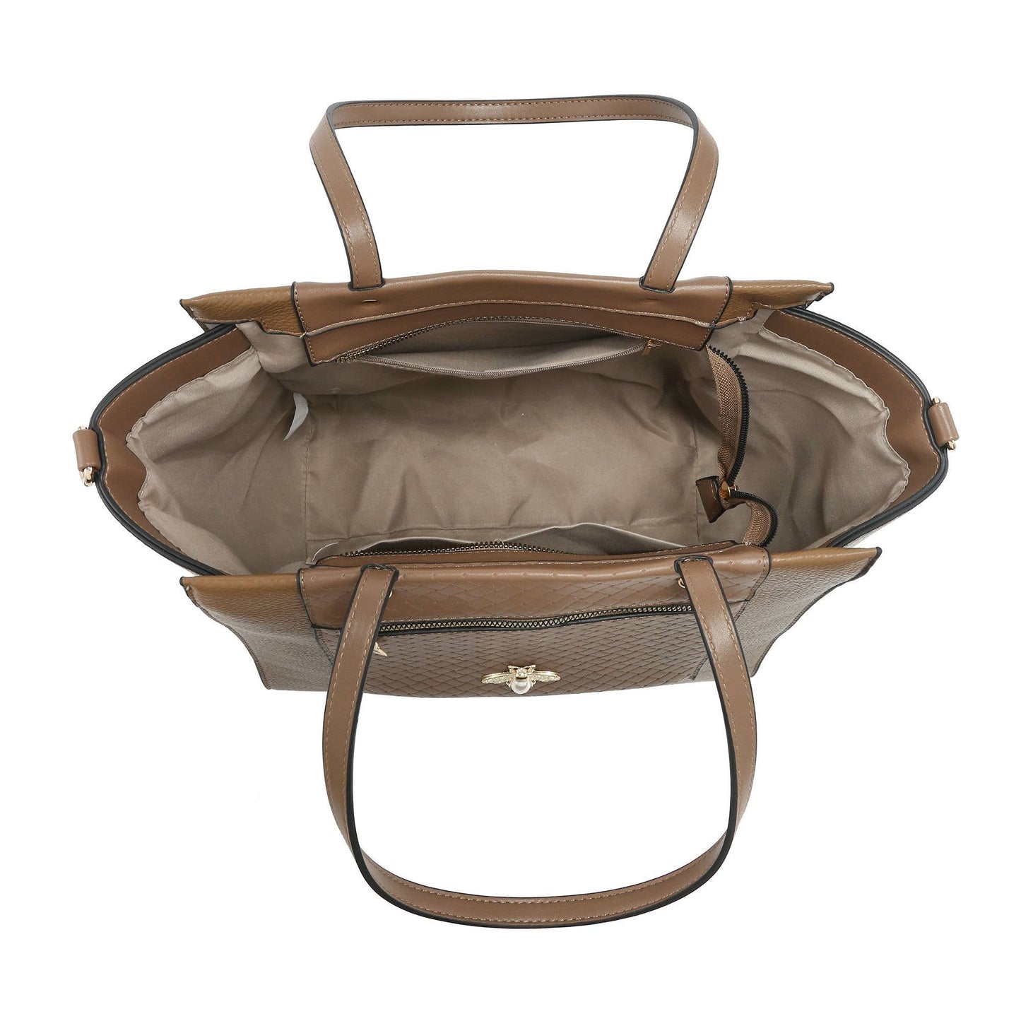 Bee Badge Zipped Pockets Top Zipped Tote Handbag: Brown