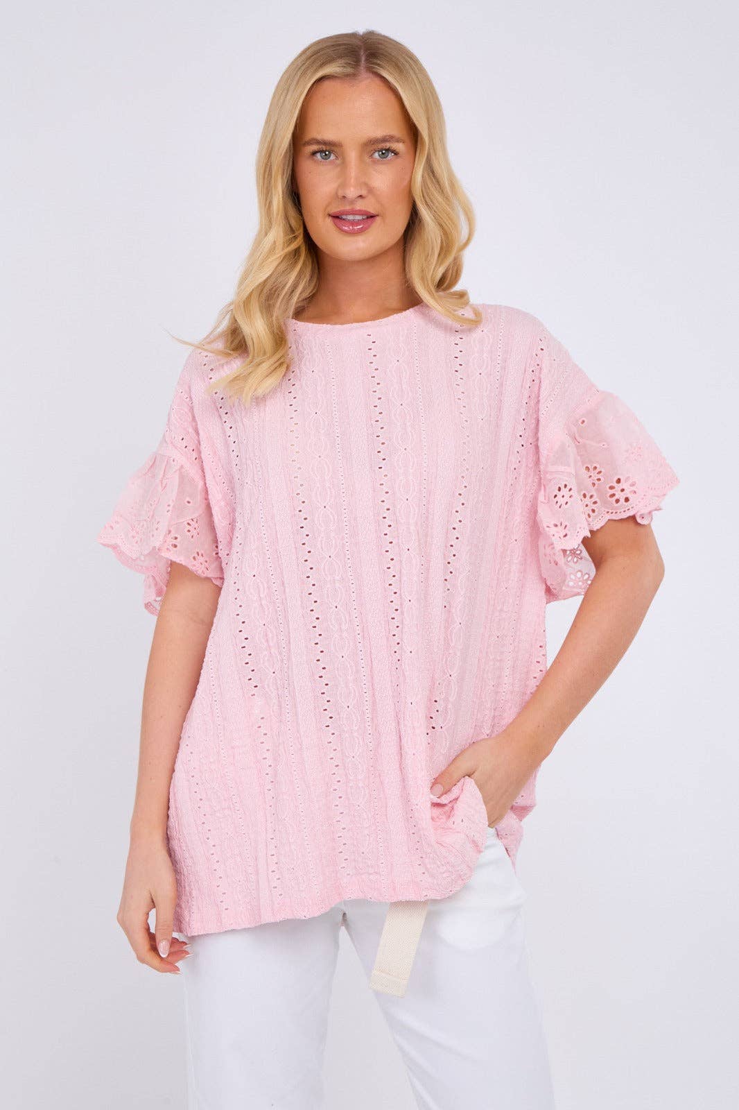 Crochet Embroidered Frill Sleeve Stretchable Top: Beige / One Size To Fit UK 12 to 18