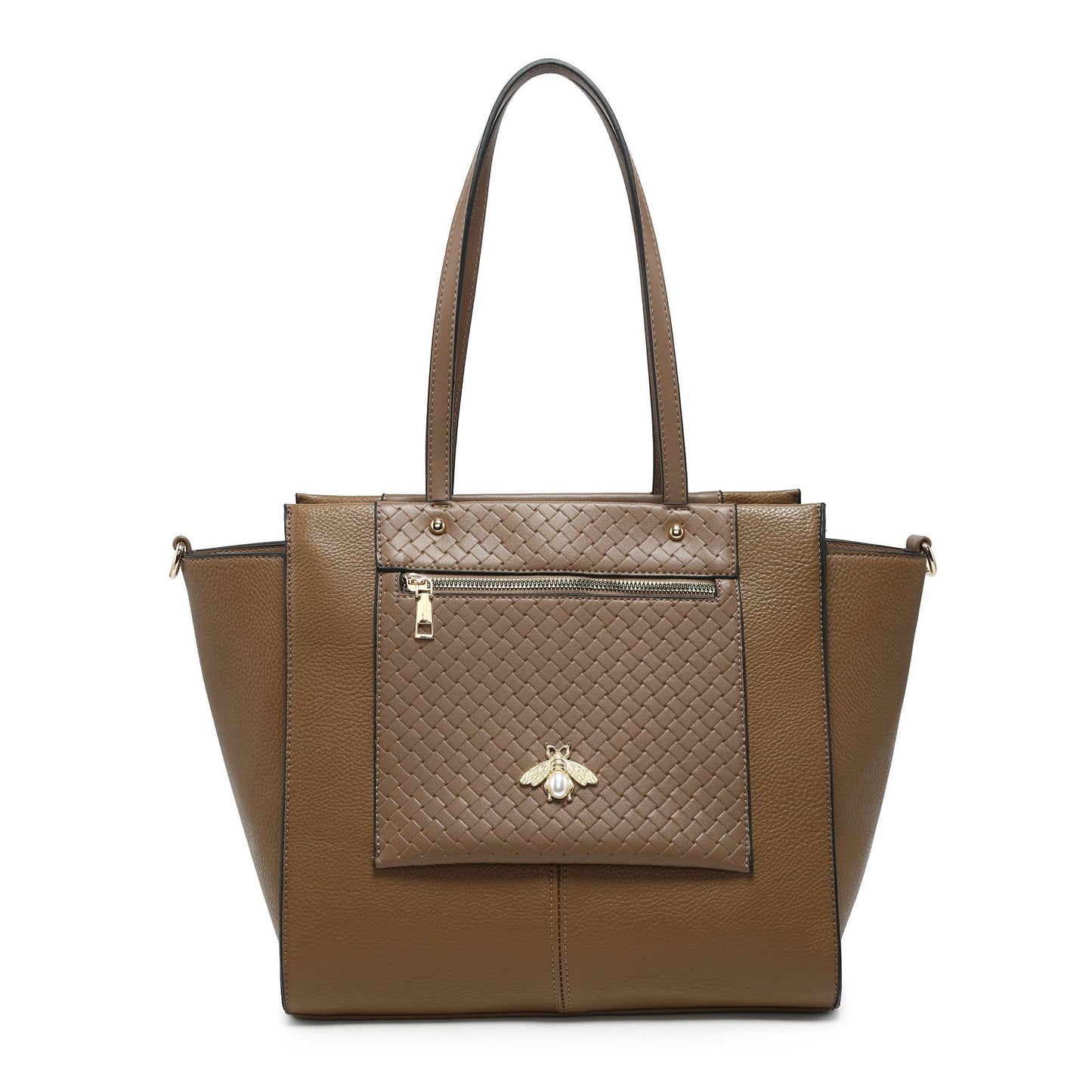 Bee Badge Zipped Pockets Top Zipped Tote Handbag: Brown