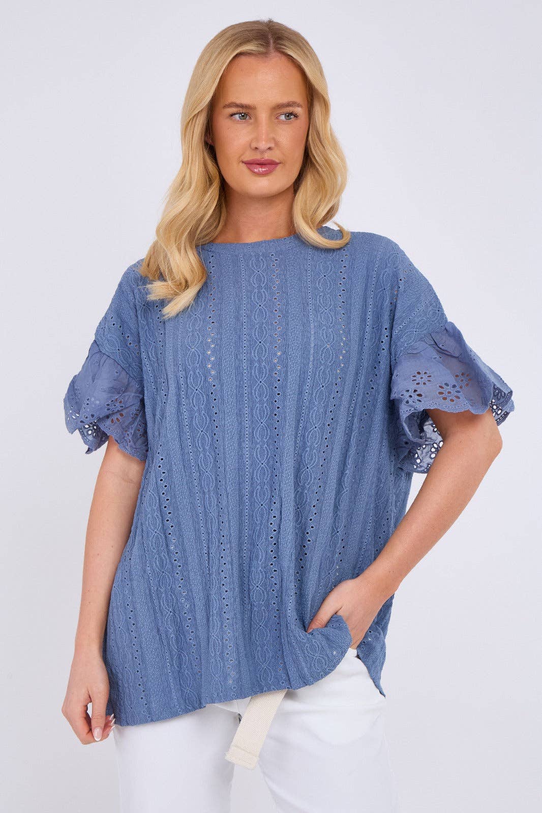 Crochet Embroidered Frill Sleeve Stretchable Top: Beige / One Size To Fit UK 12 to 18