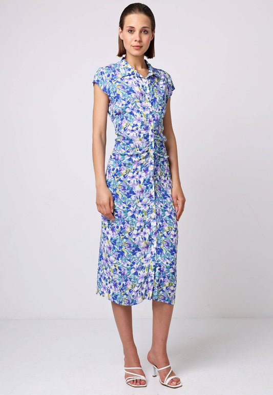 ANGELEYE - Front Ruched Midi Shirt Dress In Floral Print: M