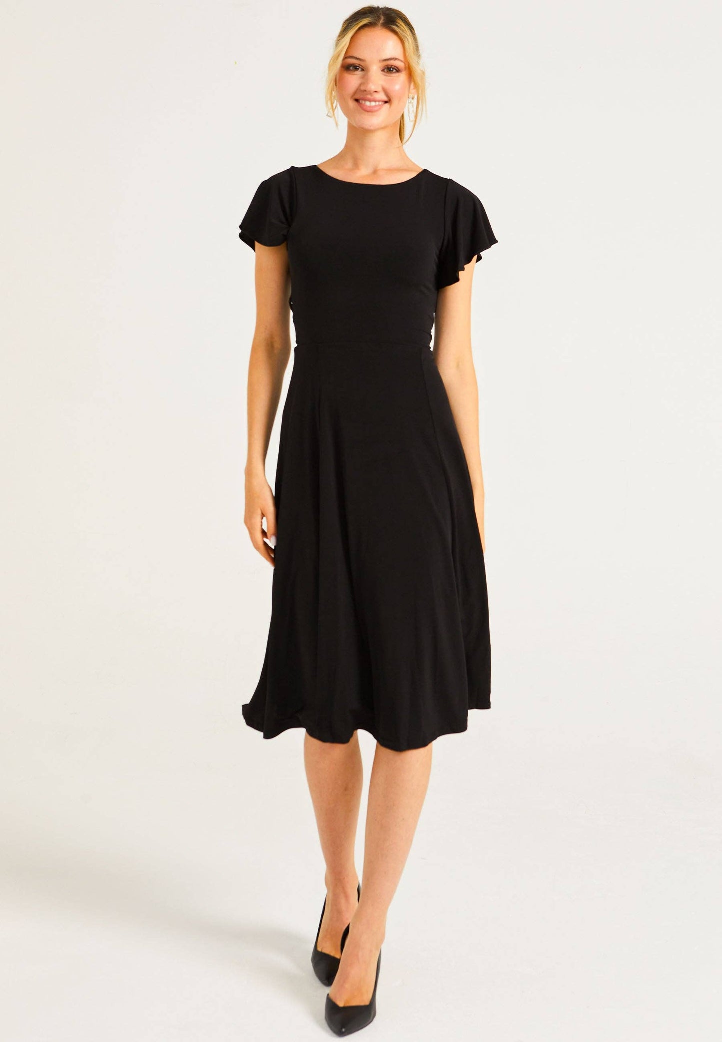 ANGELEYE - Reversible Midi Dress With Flutter Sleeves & Waist Tie In Black: M